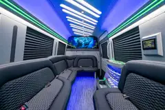 Sprinter lounge configuration with blue ambient lighting
