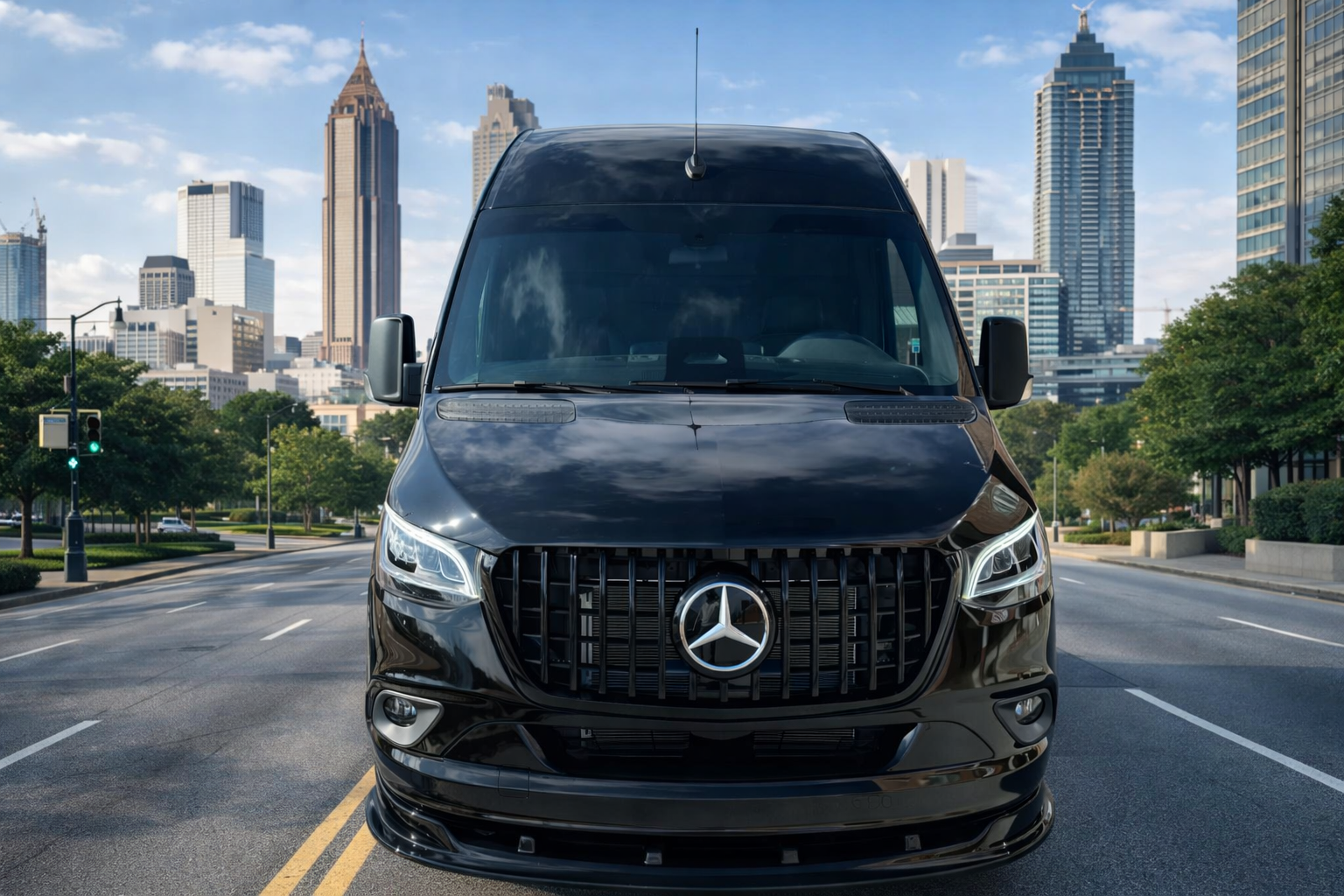 Black Sprinter Limousine on Atlanta streets