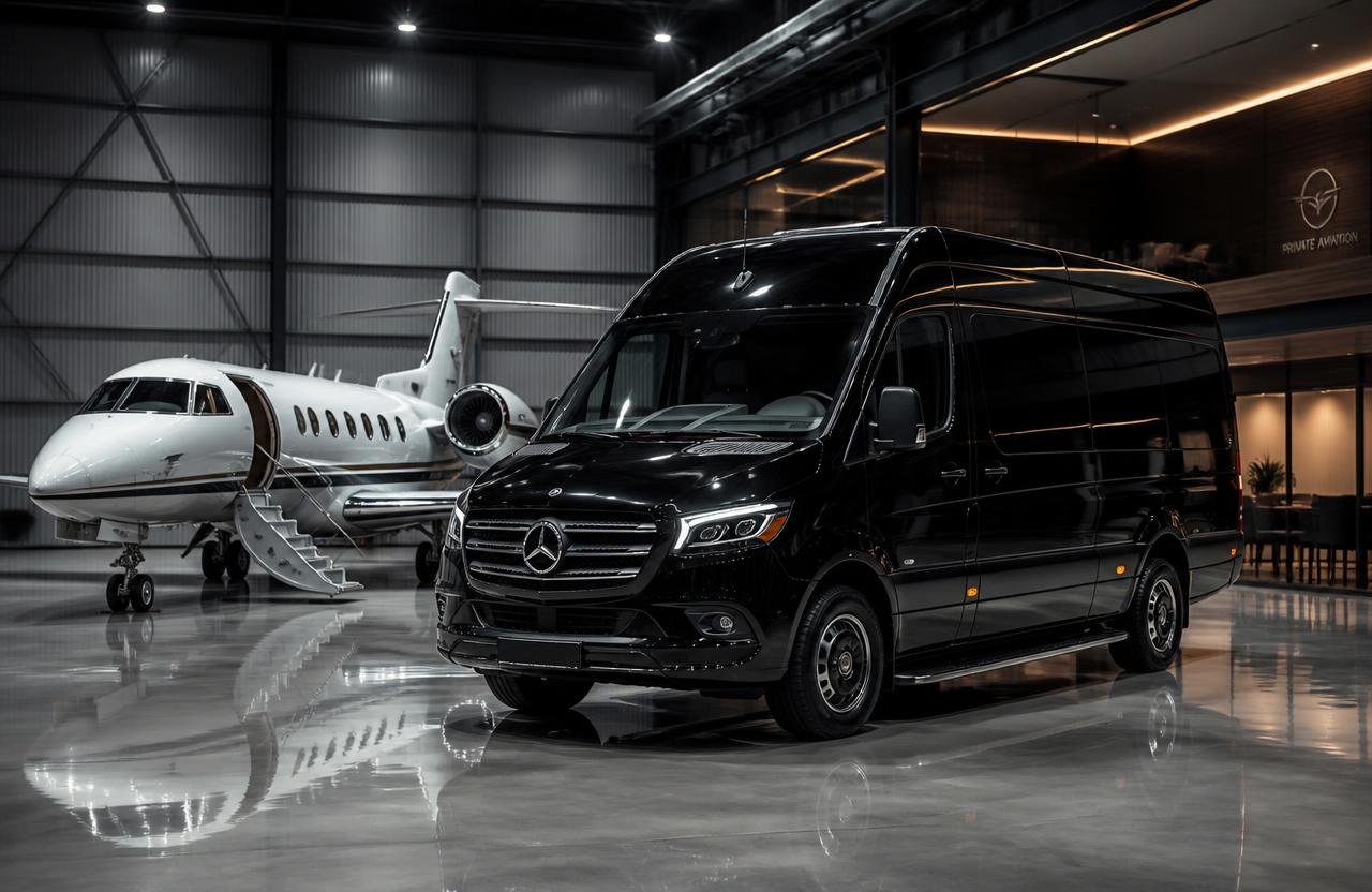 Mercedes-Benz Sprinter luxury van inside a private jet hangar at an Atlanta private aviation terminal