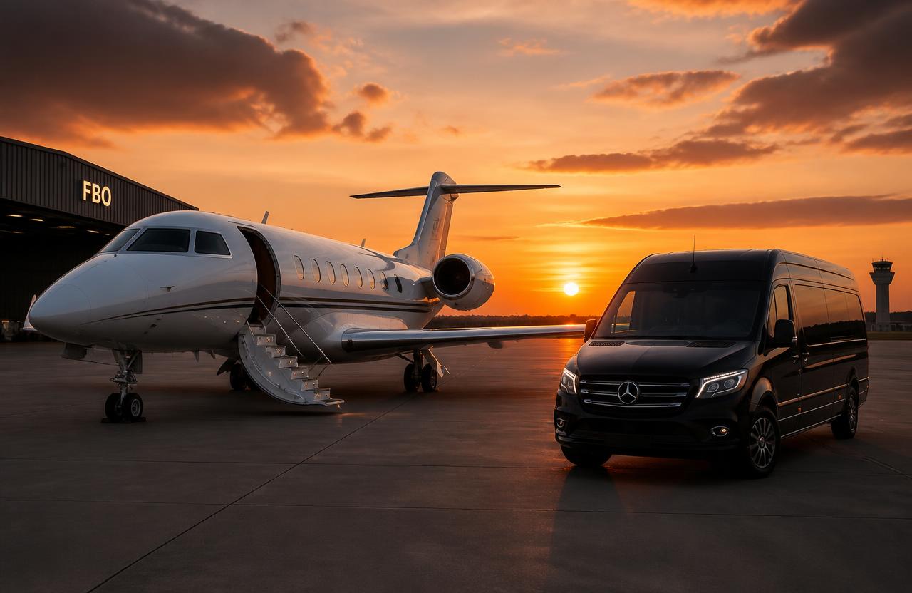 Private jet with airstairs down at sunset with a black Sprinter chauffeur van waiting on the FBO ramp