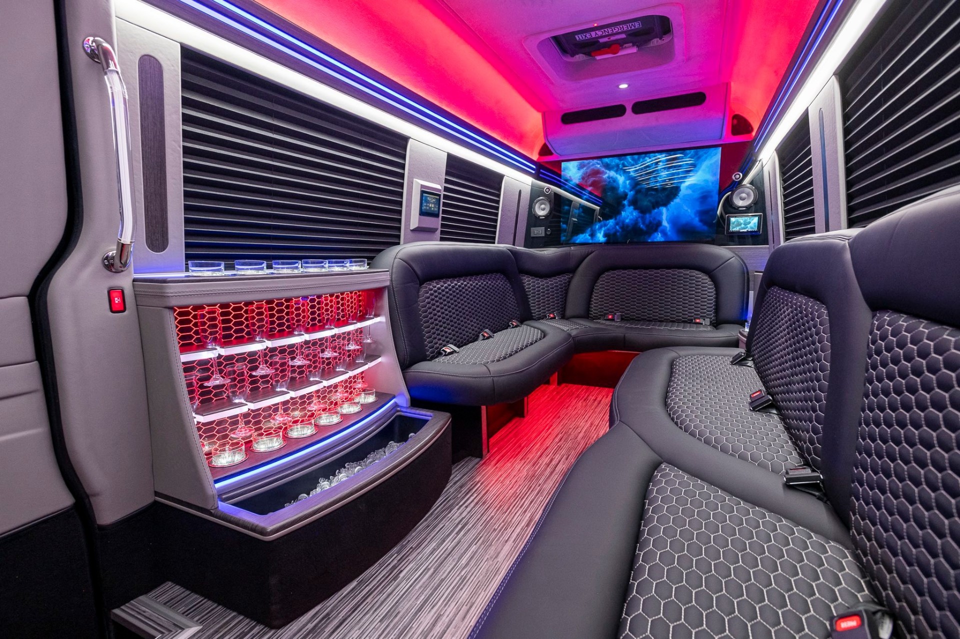 Sprinter Limousine with red lighting and refreshment bar