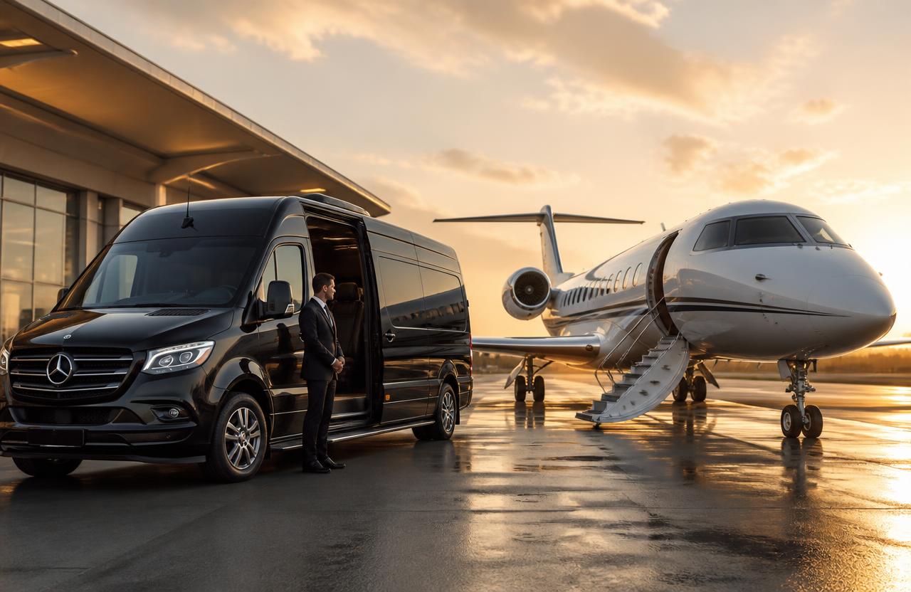 Black Mercedes-Benz Sprinter limousine parked planeside beside a private jet at an Atlanta FBO terminal