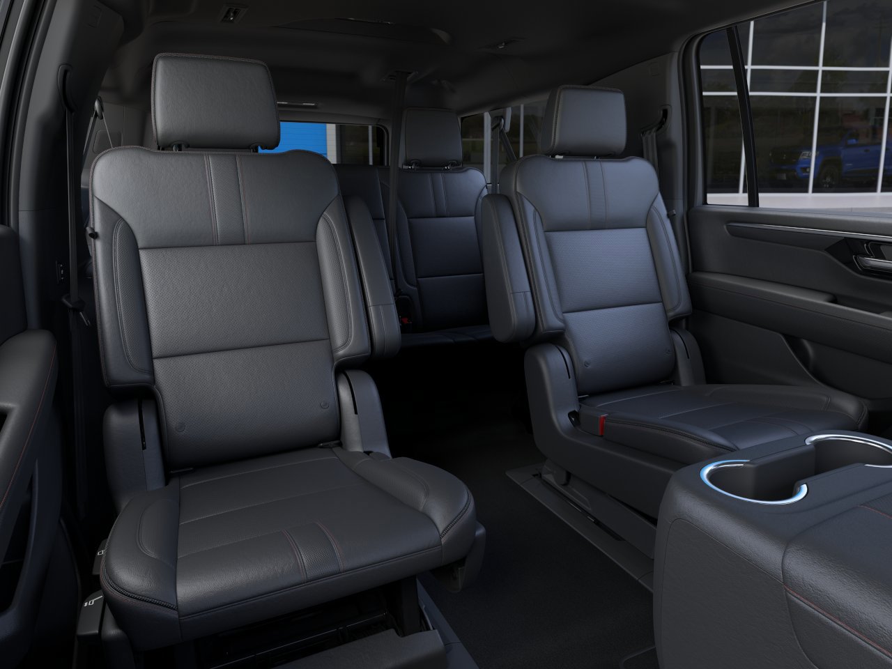 Suburban SUV interior with premium black leather captain seating for up to 7 passengers